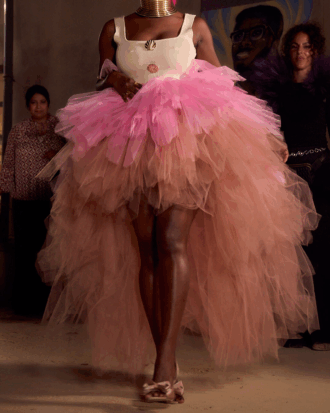 Tutu asymétrique dégradé de couleurs rose star et terracotta douce