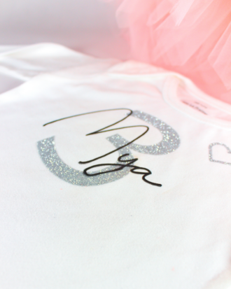 Body personnalisé manches longues PRÉNOM et CHIFFRE ARGENTÉ